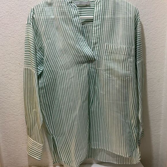 Vince Pencil Stripe Cotton & Silk Tunic In Malachite Popover Tunic Sheer XS - Picture 12 of 15